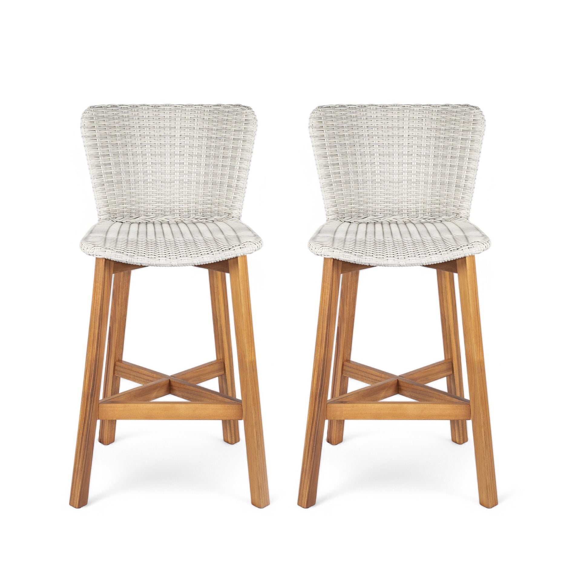 Lymington Outdoor Bar Stool, Teak Finished Wood with Light Grey Wicker, Set of 2