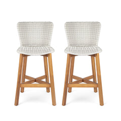 Lymington Outdoor Bar Stool, Teak Finished Wood with Light Grey Wicker, Set of 2