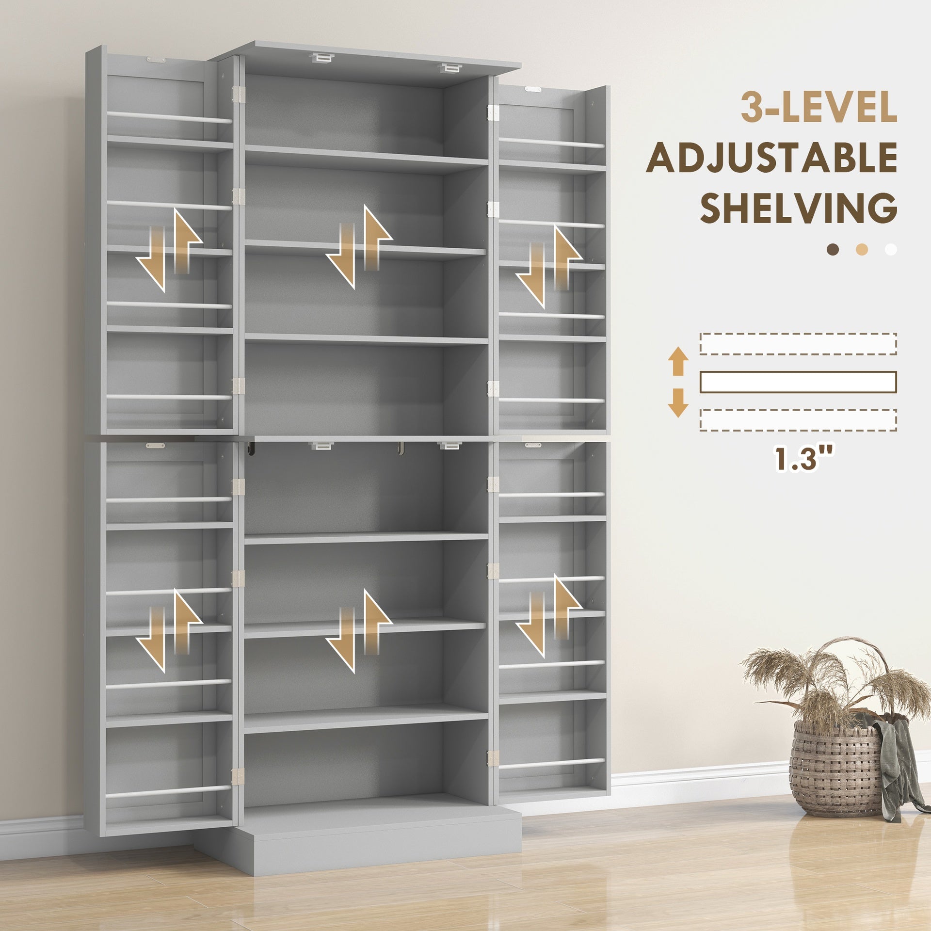 HOMCOM 65" Kitchen Pantry Cabinet, Modern Storage Cabinet with Doors and Shelves, Freestanding Cupboard for Dining Room, Gray