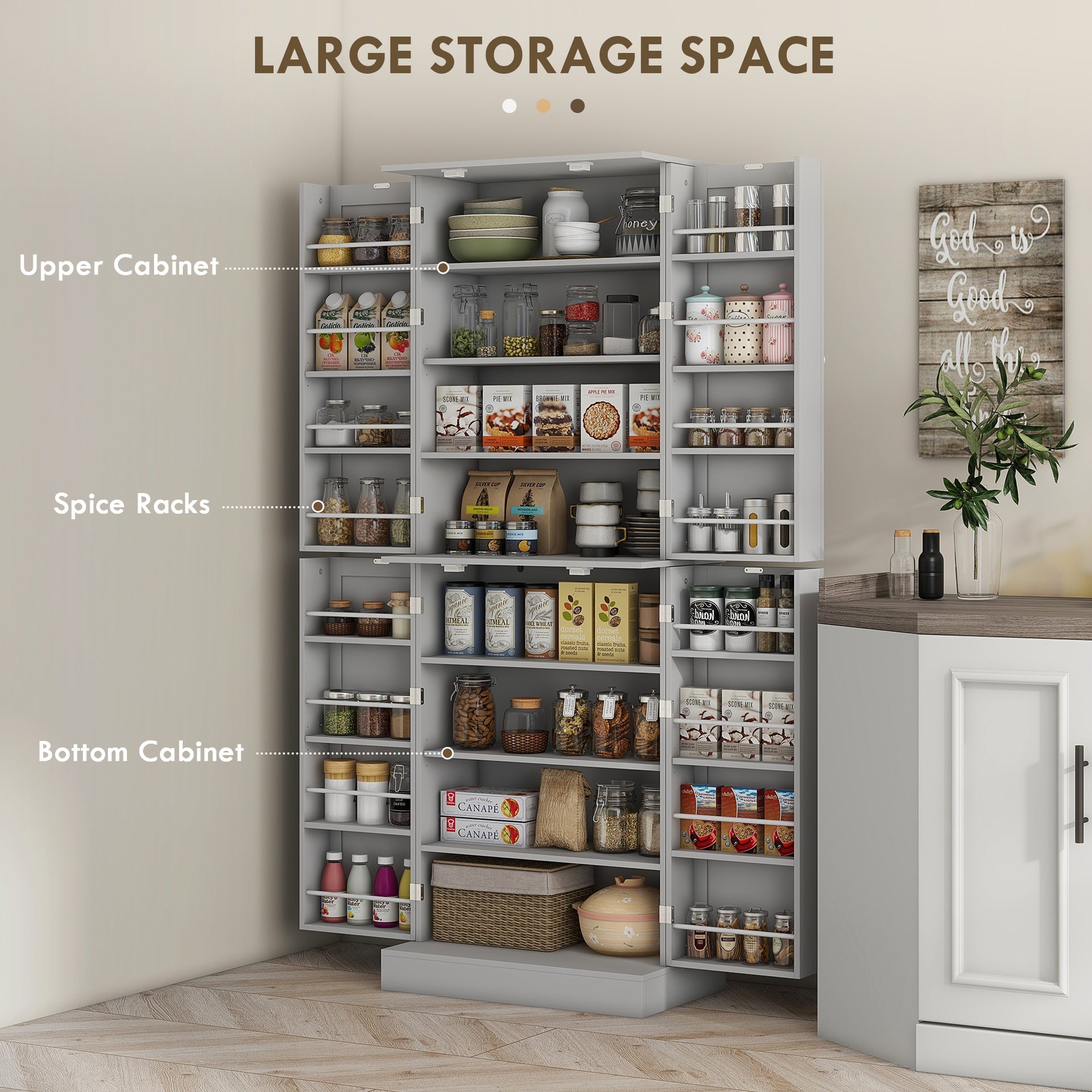HOMCOM 65" Kitchen Pantry Cabinet, Modern Storage Cabinet with Doors and Shelves, Freestanding Cupboard for Dining Room, Gray
