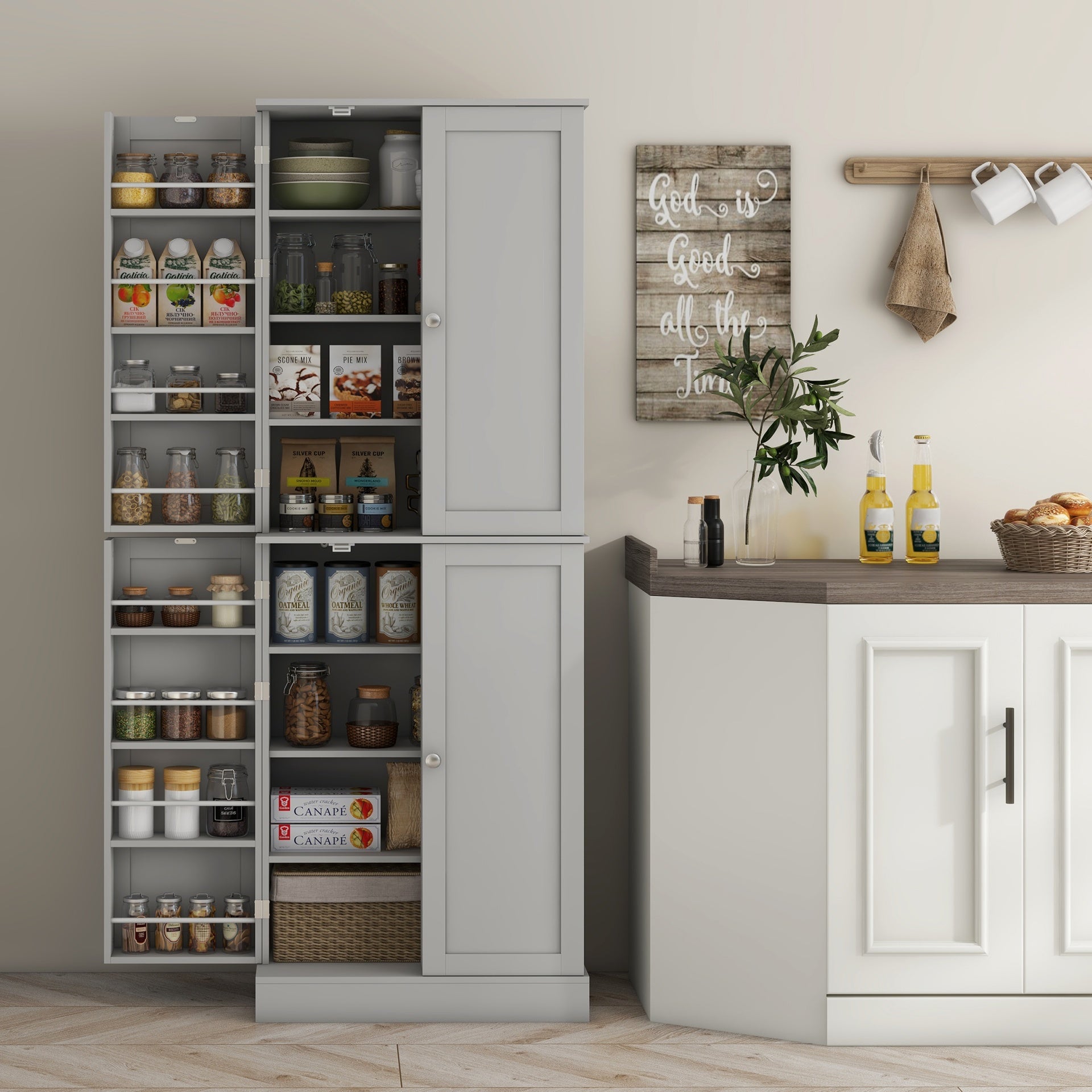 HOMCOM 65" Kitchen Pantry Cabinet, Modern Storage Cabinet with Doors and Shelves, Freestanding Cupboard for Dining Room, Gray