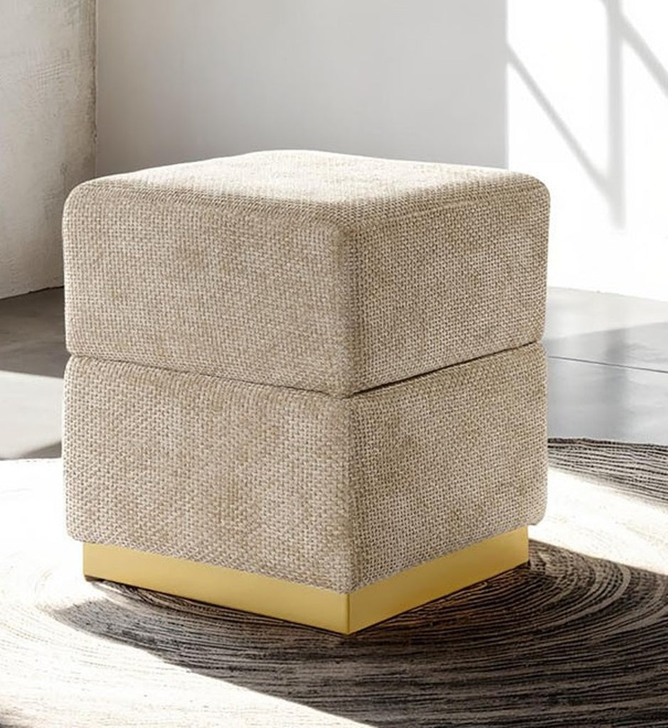 Contemporary Style Cube Design Accent Storage Compartment Stool Gold Plated Base Stainless Steel Silver Gray Finish Primary Living room