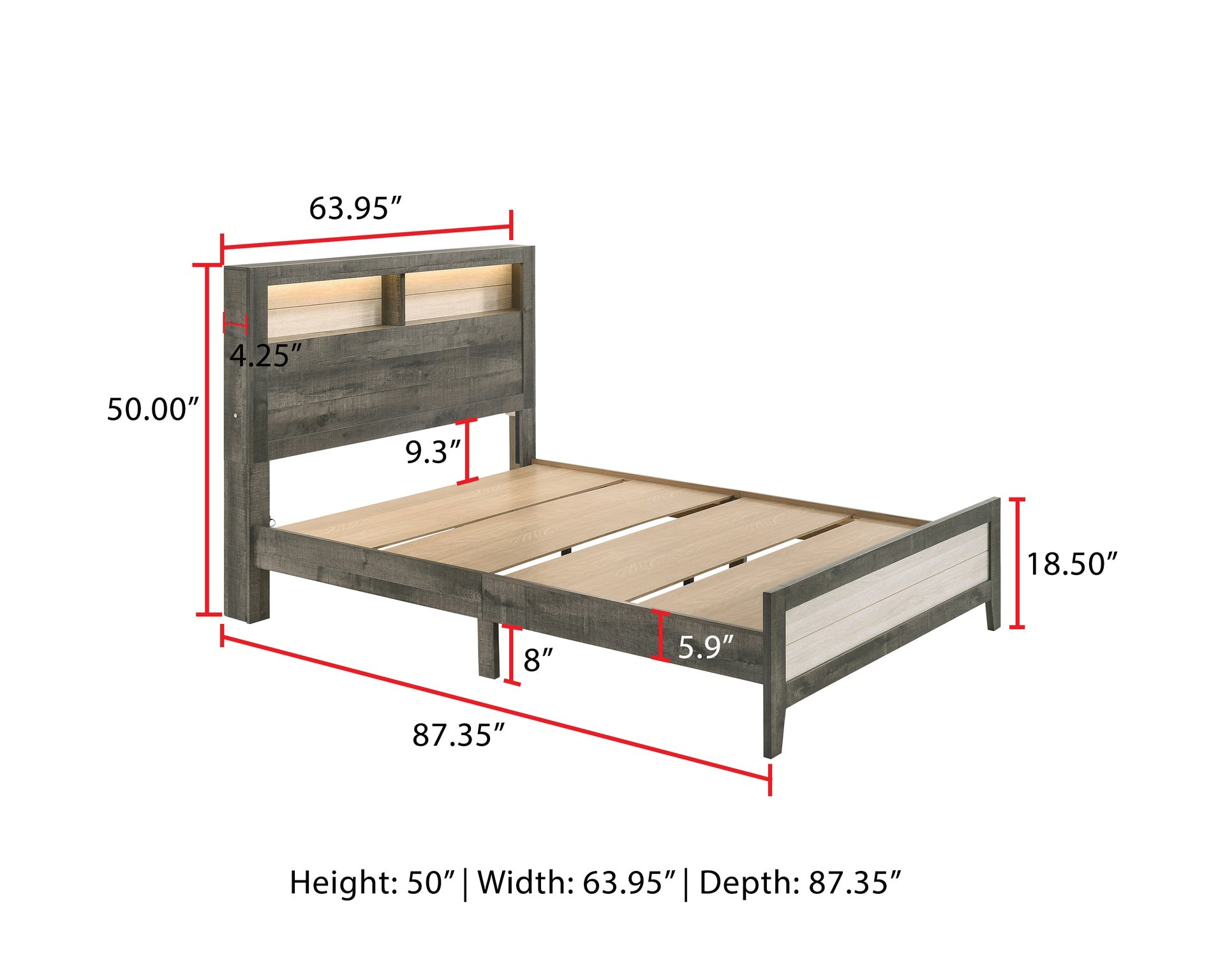 1pc Queen Size Platform Storage Bed Low-profile Plank-style Headboard Built-in Lighting Modern Farmhouse Style Gray Beige