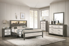 1pc Queen Size Platform Storage Bed Low-profile Plank-style Headboard Built-in Lighting Modern Farmhouse Style Gray Beige