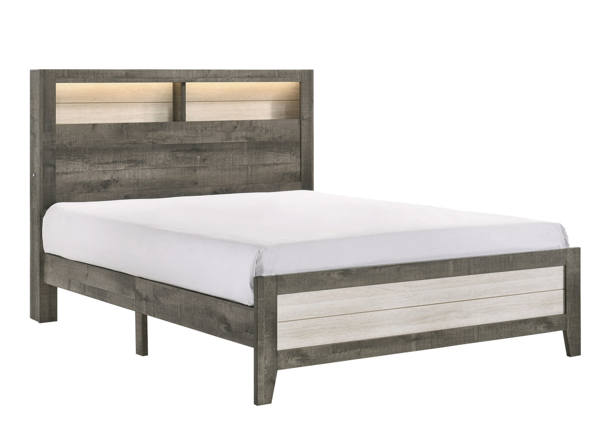 1pc Queen Size Platform Storage Bed Low-profile Plank-style Headboard Built-in Lighting Modern Farmhouse Style Gray Beige