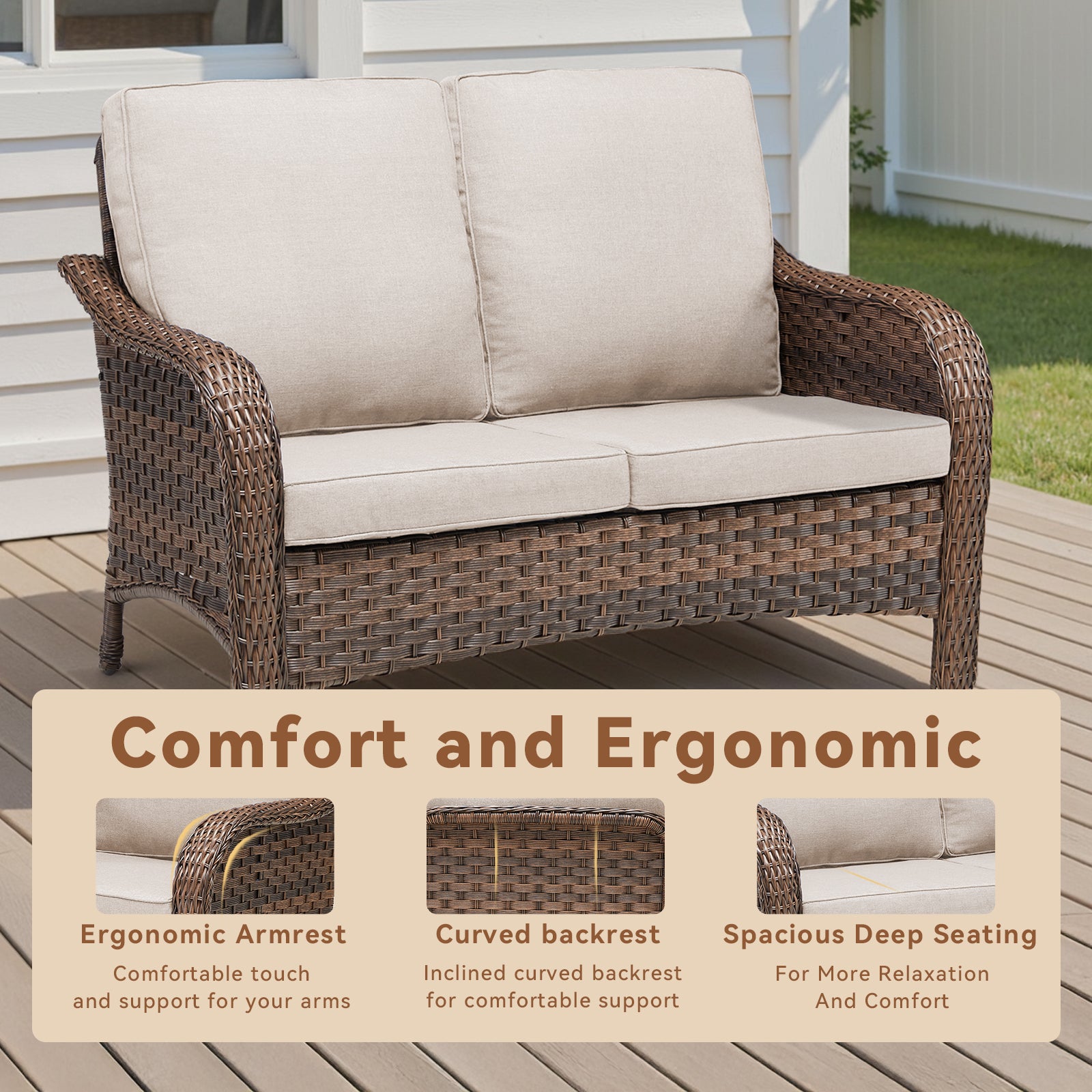 49.6" PE Wicker Rattan Outdoor Furniture Couch, Patio Loveseat with Beige Deep Seat Cushions