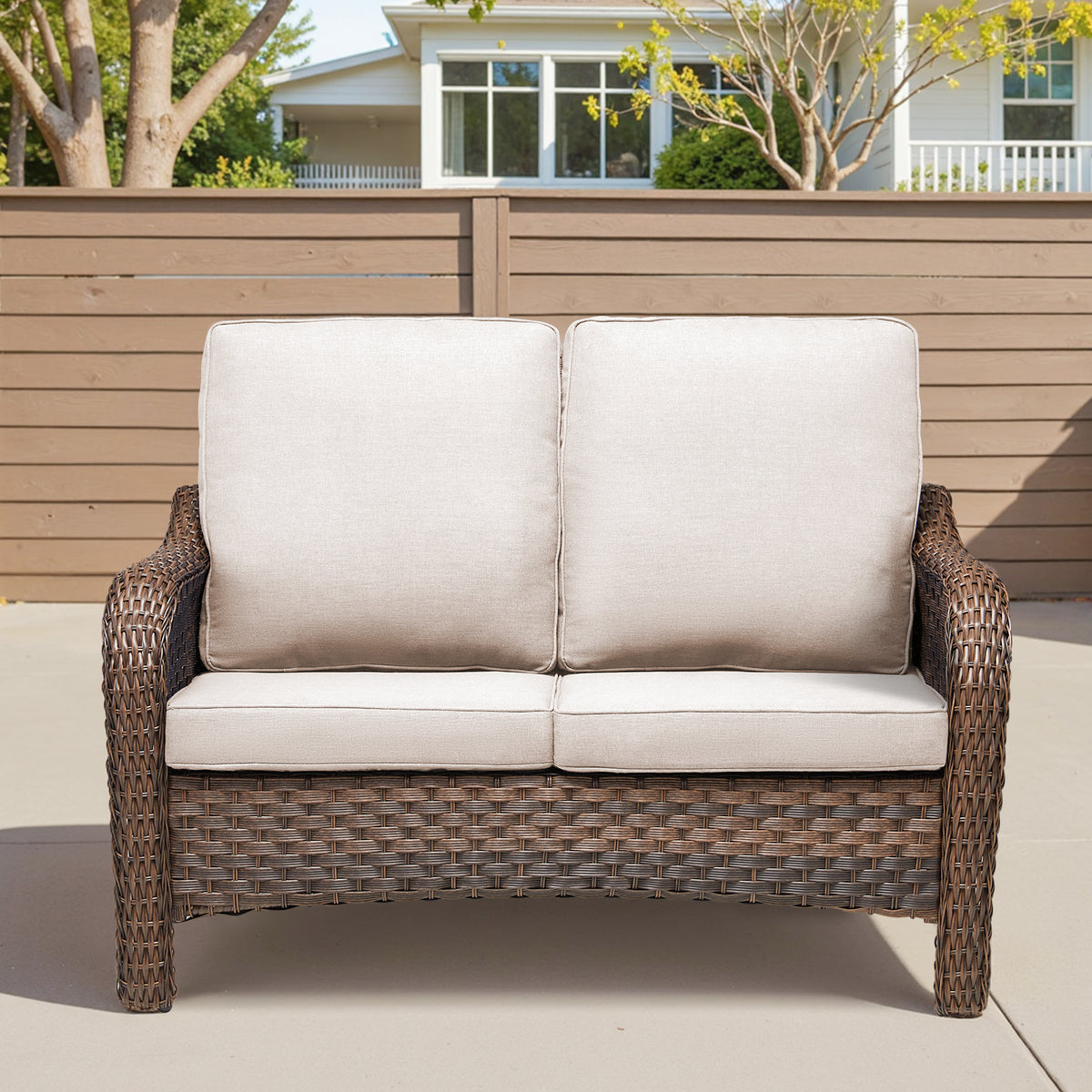 49.6" PE Wicker Rattan Outdoor Furniture Couch, Patio Loveseat with Beige Deep Seat Cushions