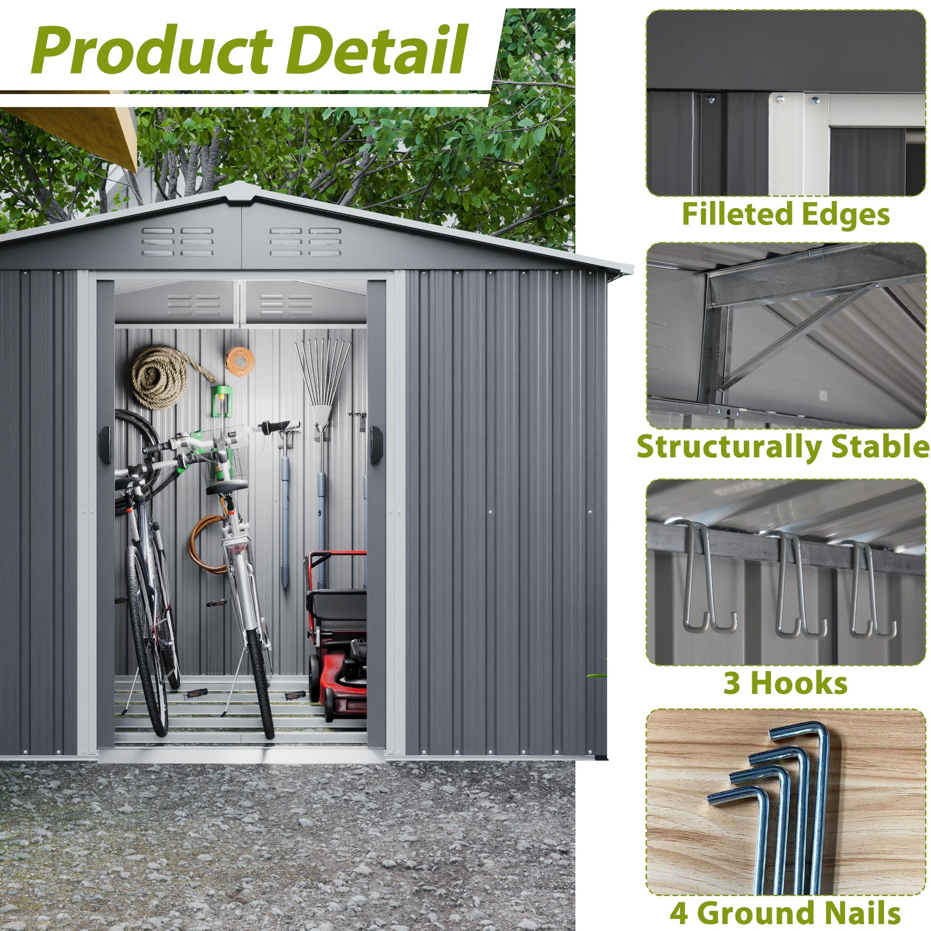 8x6 FT Outdoor Tool Storage Shed with Metal Foundation & Lockable Doors,  All Weather Metal Sheds for Garden, Patio, Backyard, Lawn, Gray