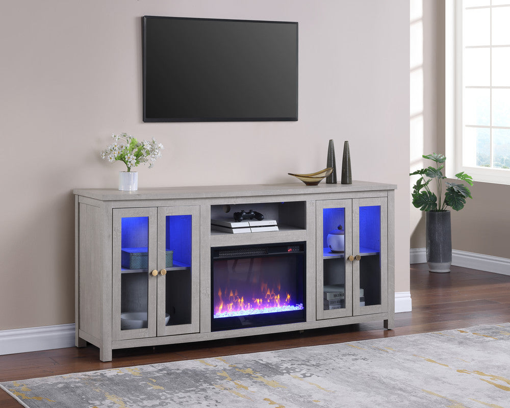 Emerson 70"W Light Gray Finish Fireplace TV Stand Console with Heater, LED Light, Cabinets, Shelves