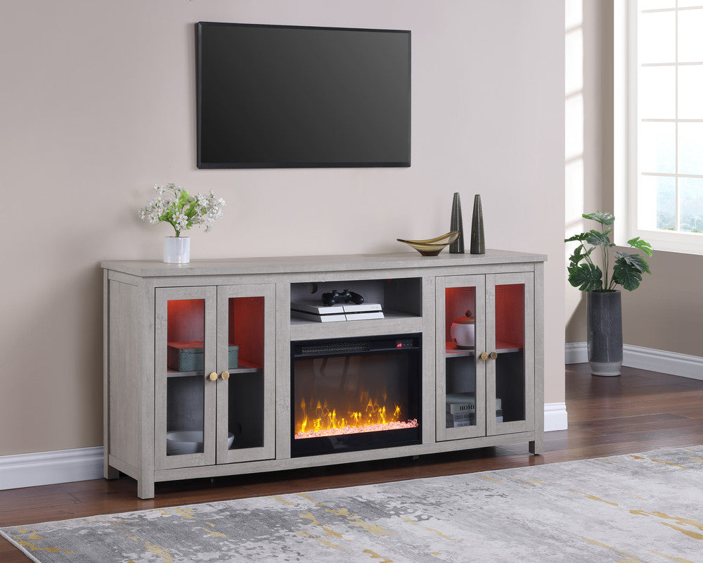 Emerson 70"W Light Gray Finish Fireplace TV Stand Console with Heater, LED Light, Cabinets, Shelves