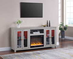 Emerson 70"W Light Gray Finish Fireplace TV Stand Console with Heater, LED Light, Cabinets, Shelves