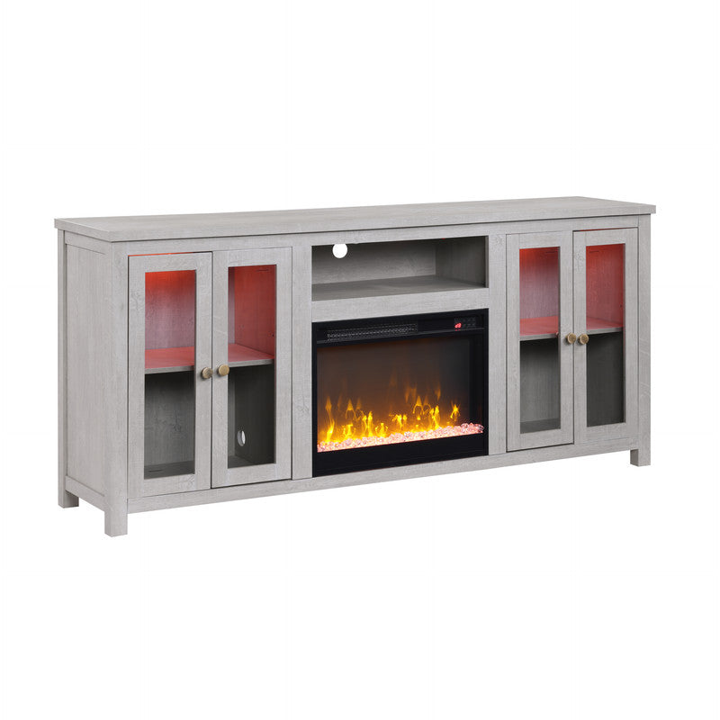 Emerson 70"W Light Gray Finish Fireplace TV Stand Console with Heater, LED Light, Cabinets, Shelves