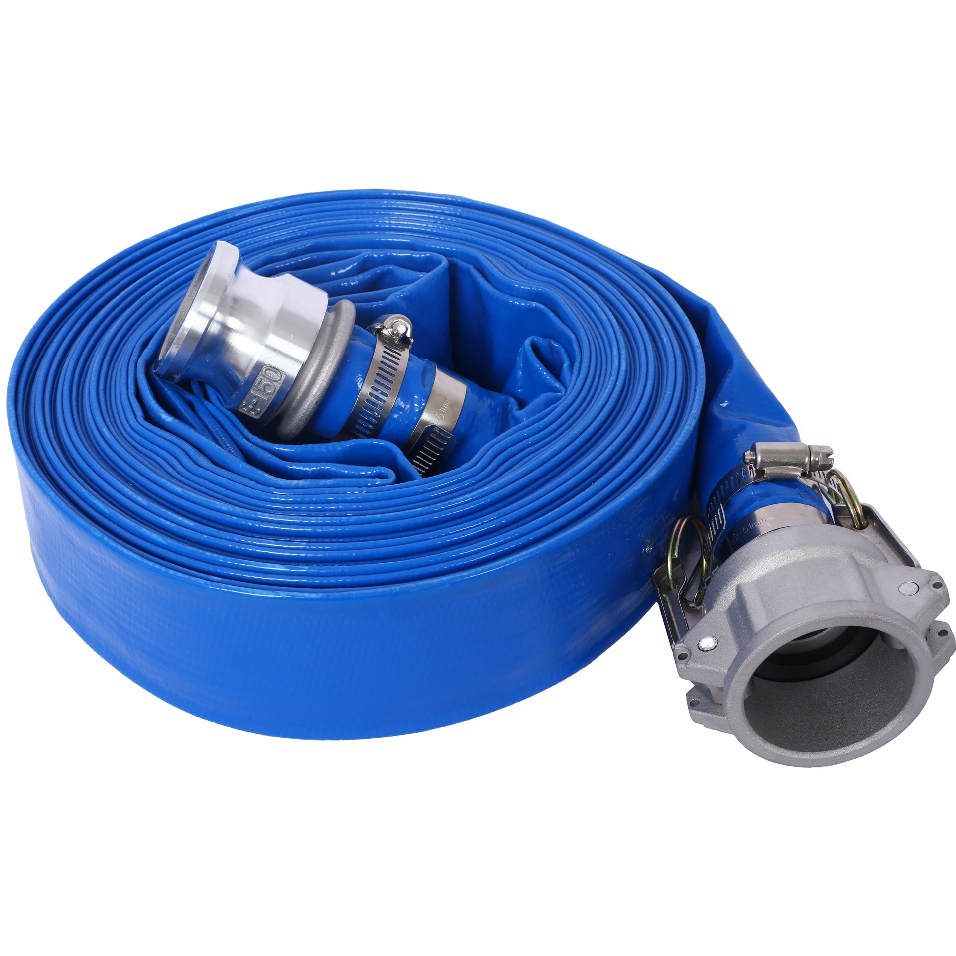 1.5" ID × 50 ft Pool Backwash Hose, Heavy Duty Reinforced Blue PVC Lay Flat Water Discharge Pump Hoses For Swimming Drain Pools and Clean Filters, with Aluminum Camlock C and E Fittings
