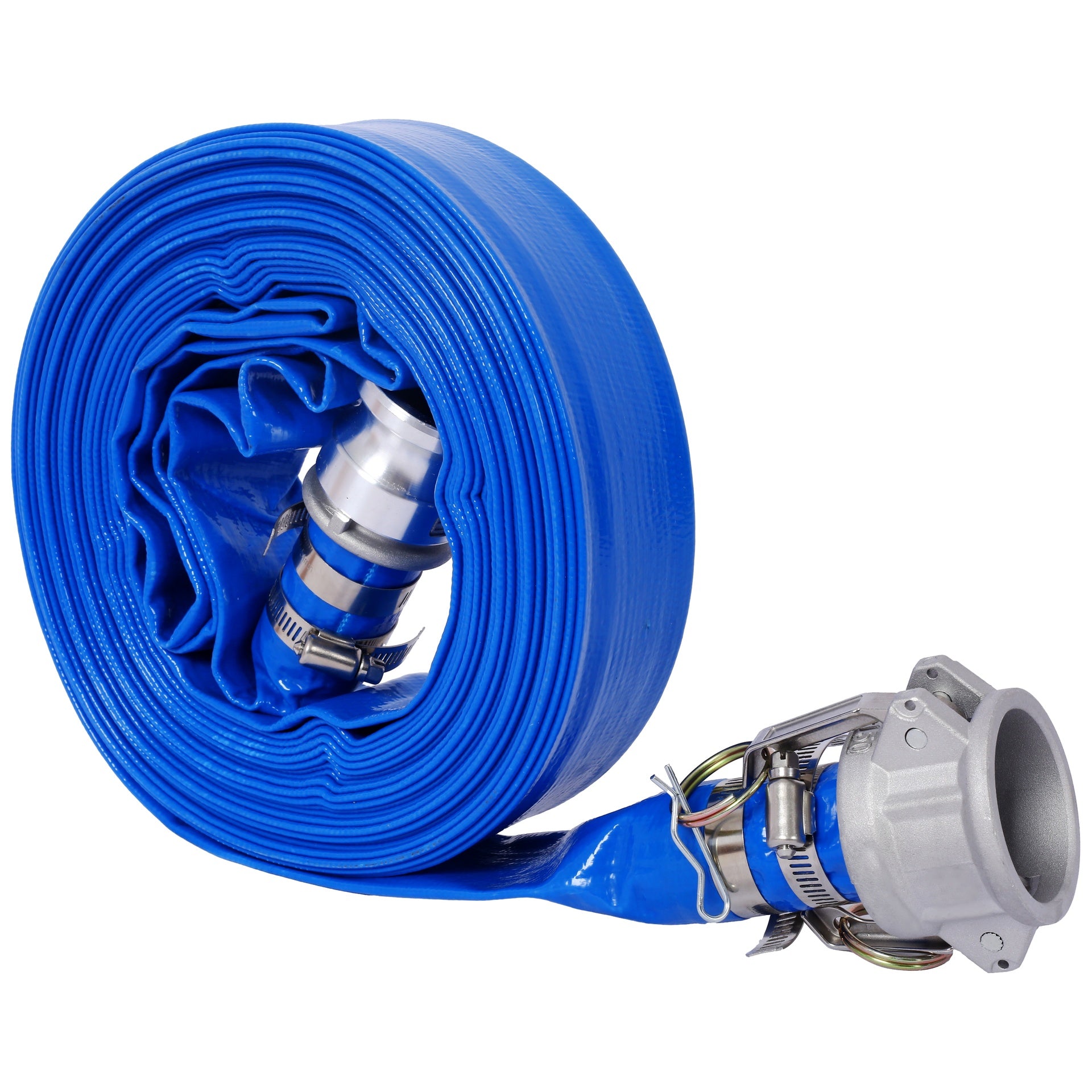 1.5" ID × 50 ft Pool Backwash Hose, Heavy Duty Reinforced Blue PVC Lay Flat Water Discharge Pump Hoses For Swimming Drain Pools and Clean Filters, with Aluminum Camlock C and E Fittings