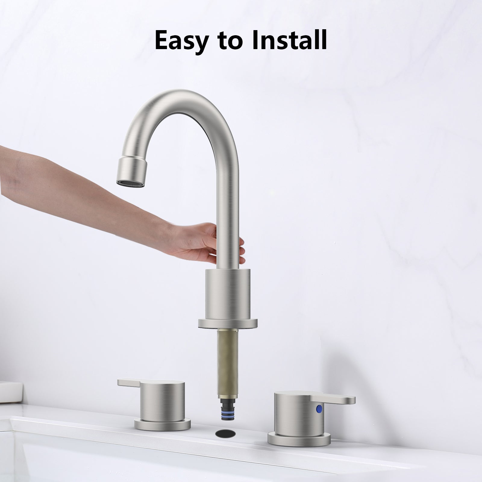Widespread Bathroom Sink Faucet Brushed Nickel 2 Handle 8 inch 3 Hole 360°Swivel Spout Vanity Sink with Pop Up Drain Assembly
