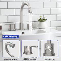 Widespread Bathroom Sink Faucet Brushed Nickel 2 Handle 8 inch 3 Hole 360°Swivel Spout Vanity Sink with Pop Up Drain Assembly