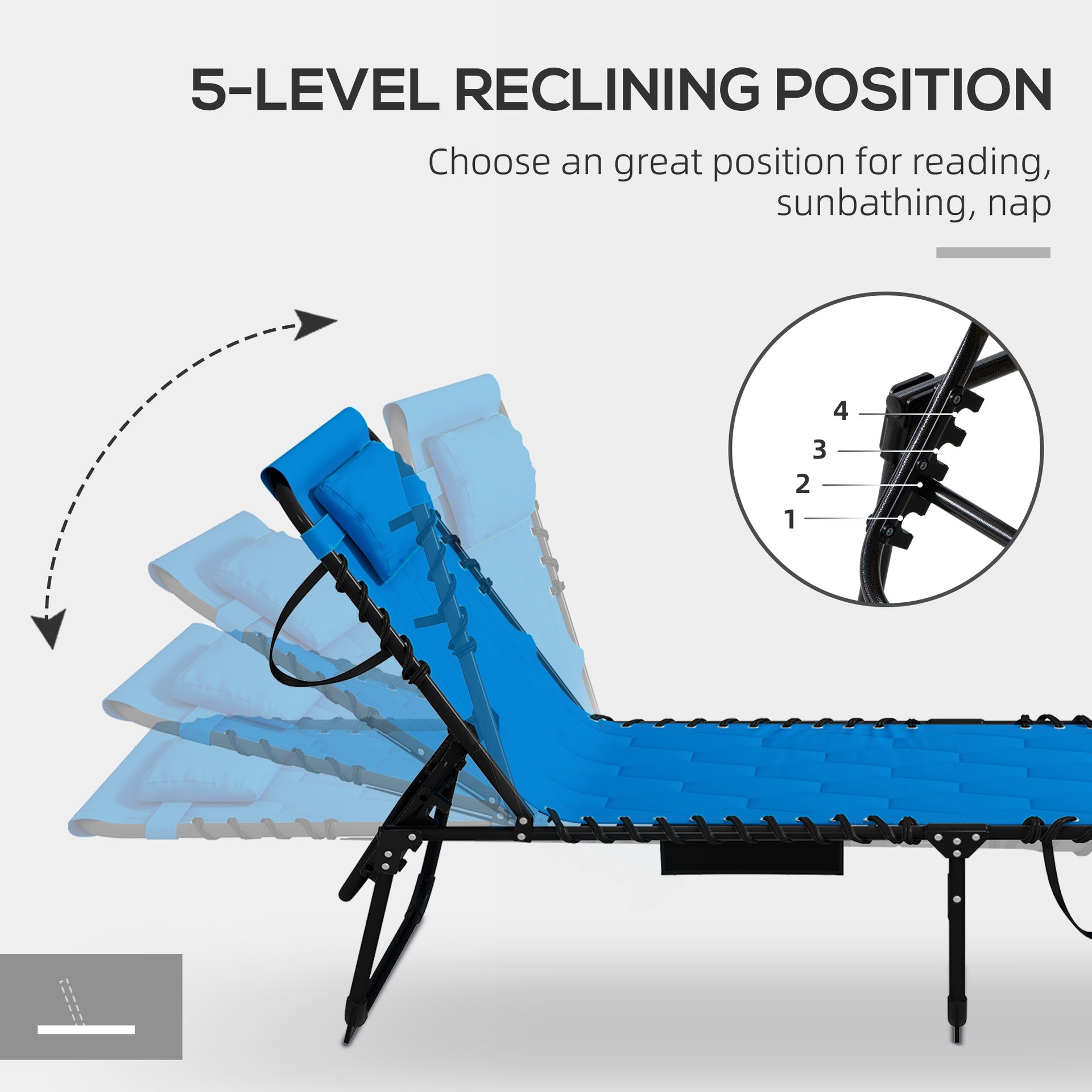 Outsunny Folding Chaise Lounge Set with 5-level Reclining Back, Outdoor Lounge Tanning Chair with Padded Seat, Side Pocket & Headrest for Beach, Yard, Patio, Blue