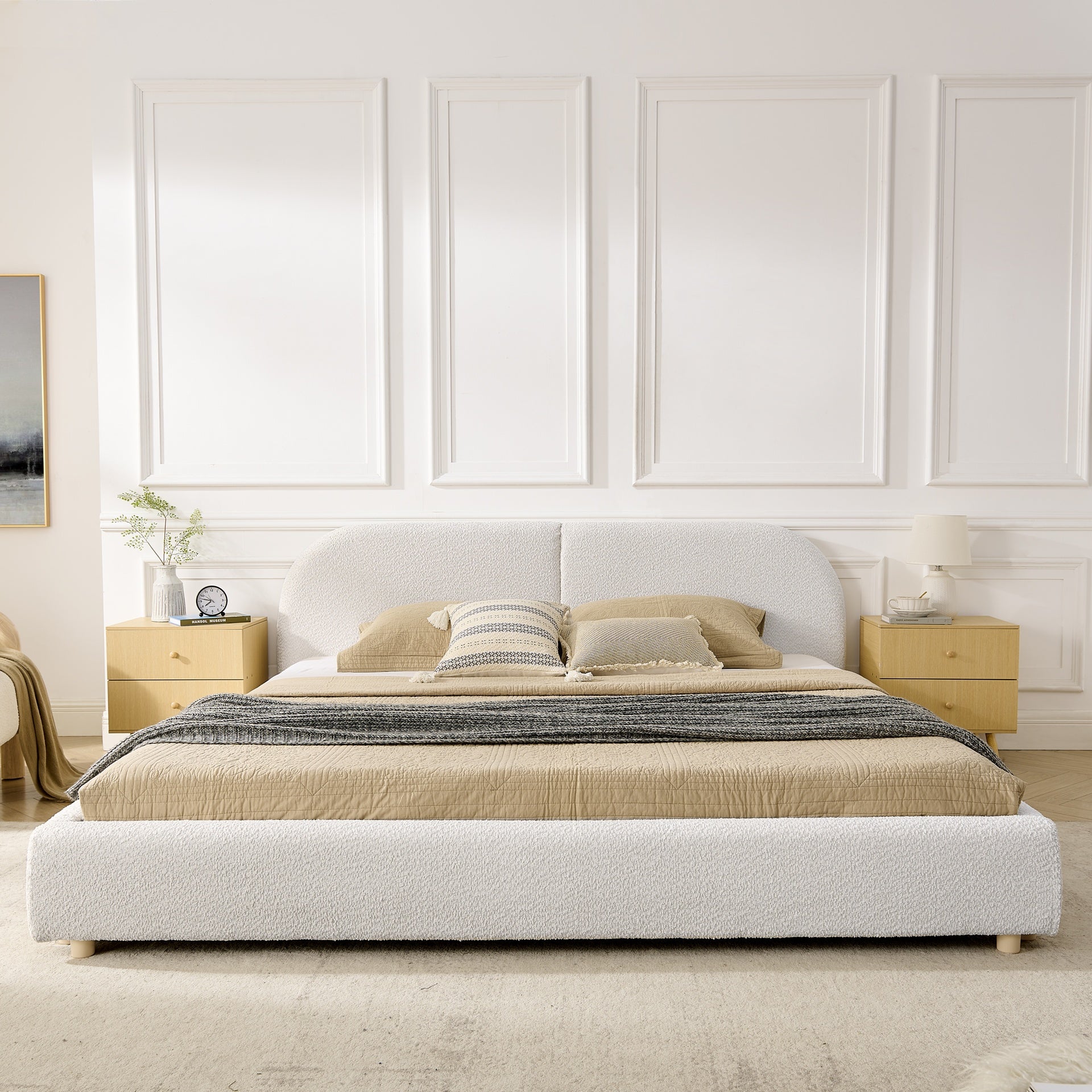 King Size Upholstered Bed Frame, Modern Minimalist Style with Tall Curved Headboard, Premium Circle Yarn Fabric & Sturdy Leg Support, Mattress Not Included-Beige