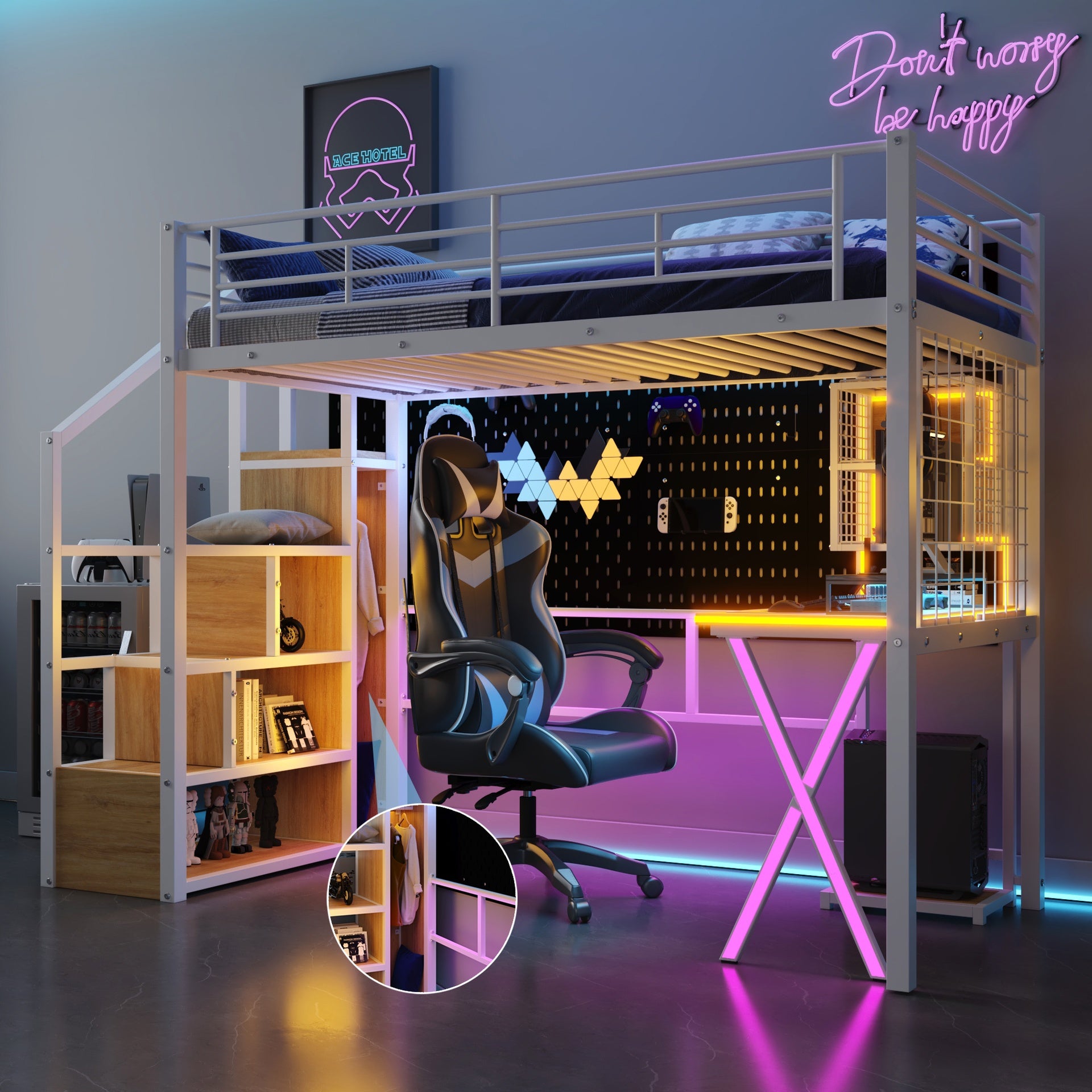 Twin Size Metal Loft Bed with Built-in Work Station, Wardrobe, Storage Staircase and LED, White