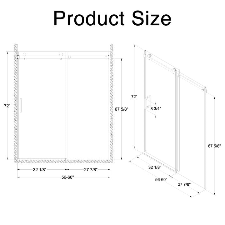 56-60"W x 72"H Frameless Sliding Shower Door,5/16" (8mm) Thick SGCC Tempered Clear Glass,Double Side Easy Clean Coat, Brushed Nickel Finished With Buffer