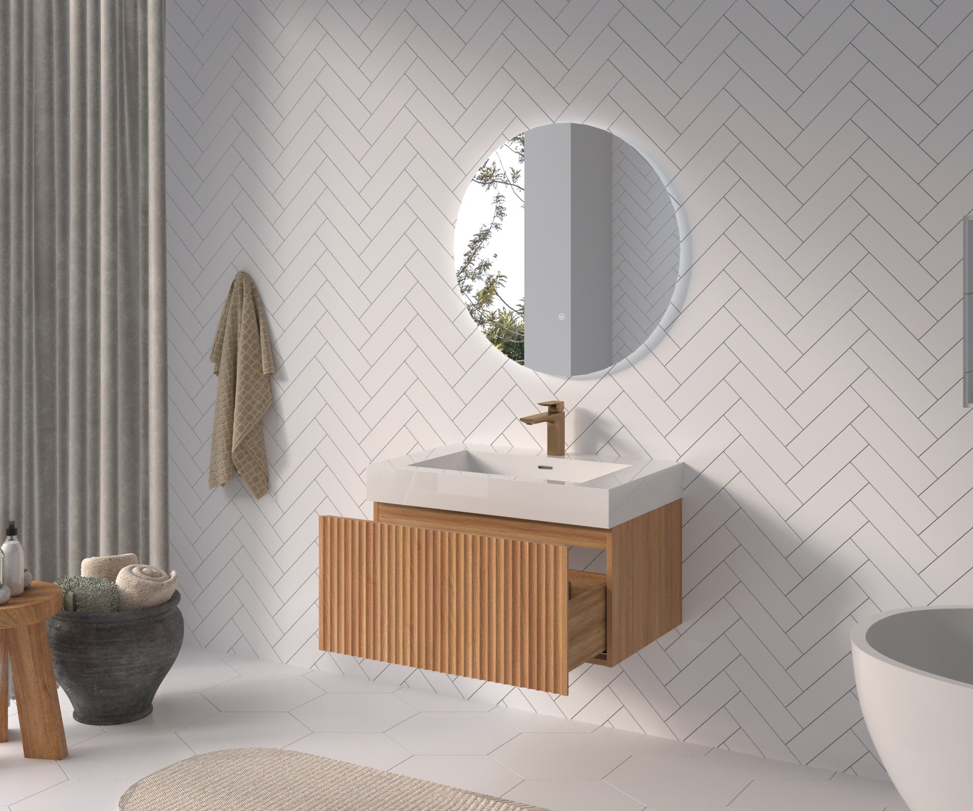 30" Bathroom Vanity with Sink,Wall Mounted Floating Bathroom Cabinet with Integrated Basin Plywood Finish Modern Minimalist Design for Compact Bathrooms Acacia Color