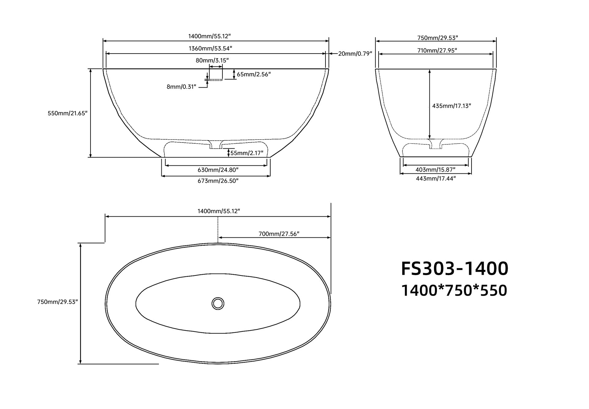 55" Premium Solid Surface Deep Soaking Bathtub