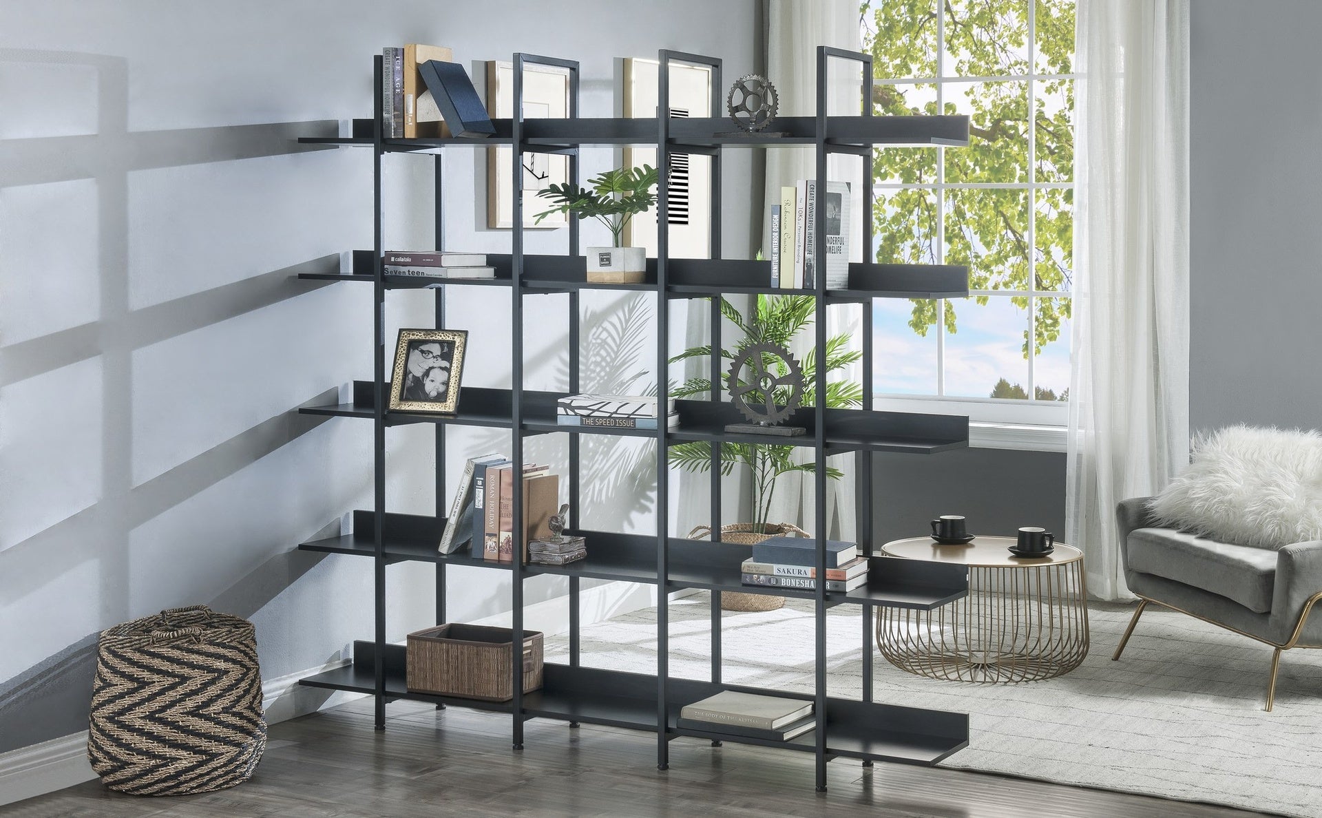 5 Tier Bookcase Home Office Open Bookshelf, Vintage Industrial Style Shelf with Metal Frame, MDF Board (Old Sku:WF286176AAB/N725P247766Z)