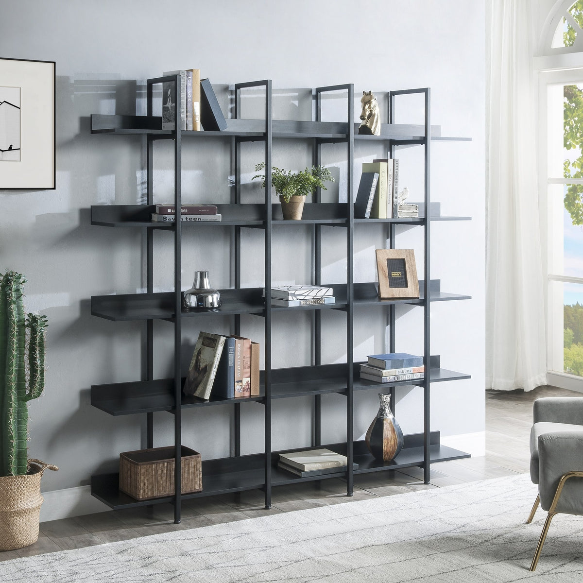 5 Tier Bookcase Home Office Open Bookshelf, Vintage Industrial Style Shelf with Metal Frame, MDF Board (Old Sku:WF286176AAB/N725P247766Z)