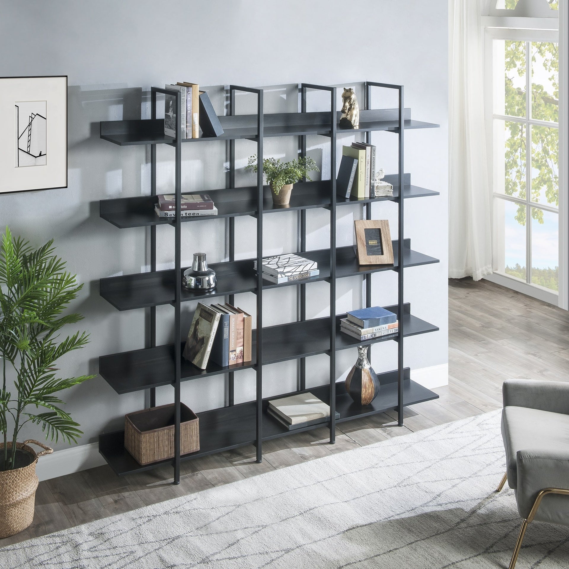 5 Tier Bookcase Home Office Open Bookshelf, Vintage Industrial Style Shelf with Metal Frame, MDF Board (Old Sku:WF286176AAB/N725P247766Z)