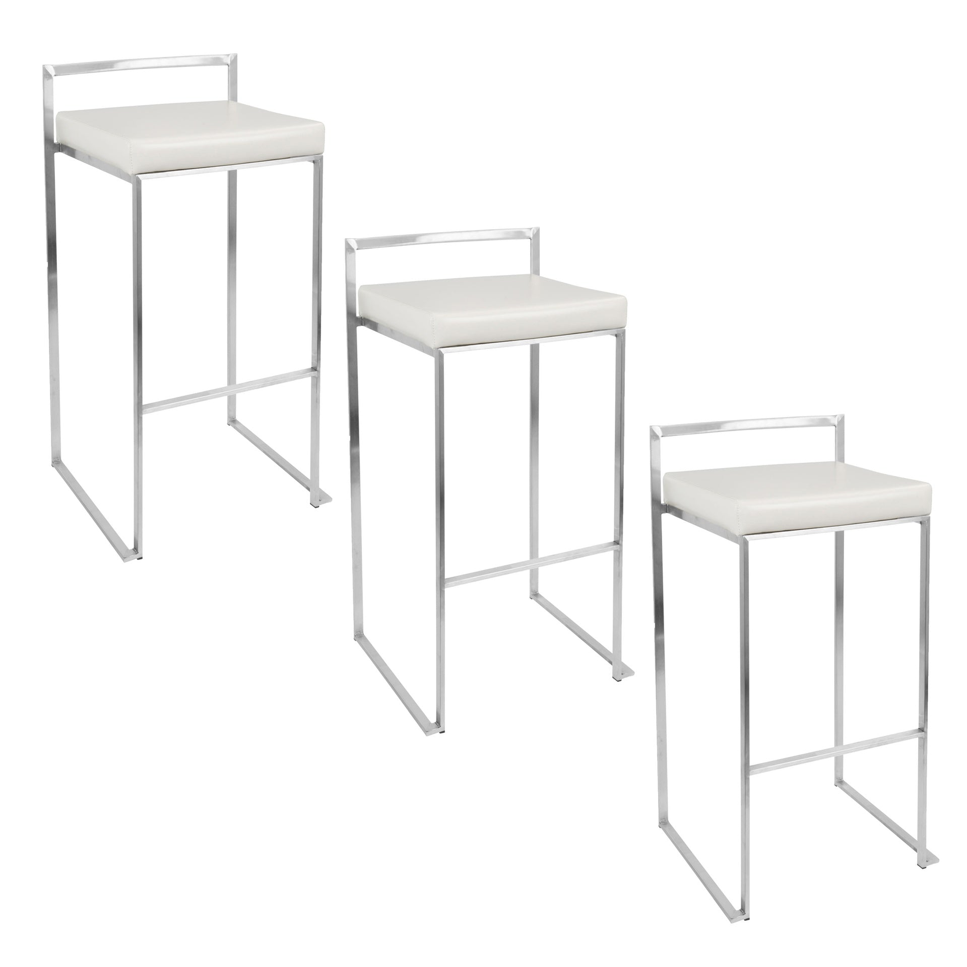 Fuji 30" Contemporary Stackable Barstool in Stainless Steel with White Faux Leather by LumiSource - Set of 3