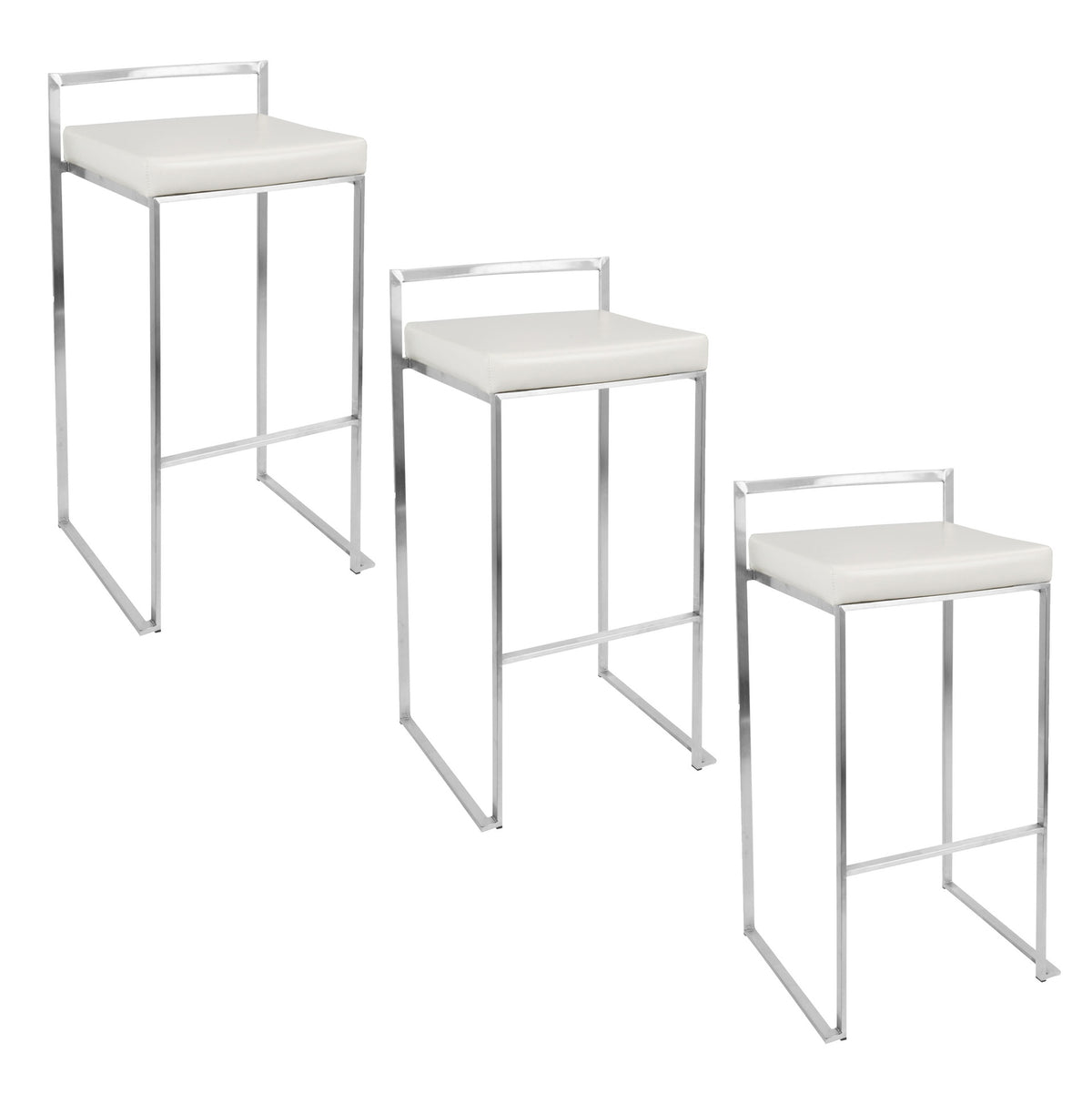 Fuji 30" Contemporary Stackable Barstool in Stainless Steel with White Faux Leather by LumiSource - Set of 3