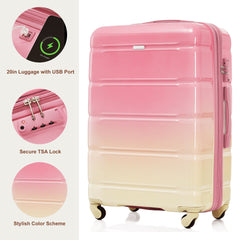 Luggage Sets 5 Piece, 20-inch with USB Port, ABS Durable Suitcase with Travel Bag, ABS+PC Hard Shell Luggage with Spinner Wheels, pink