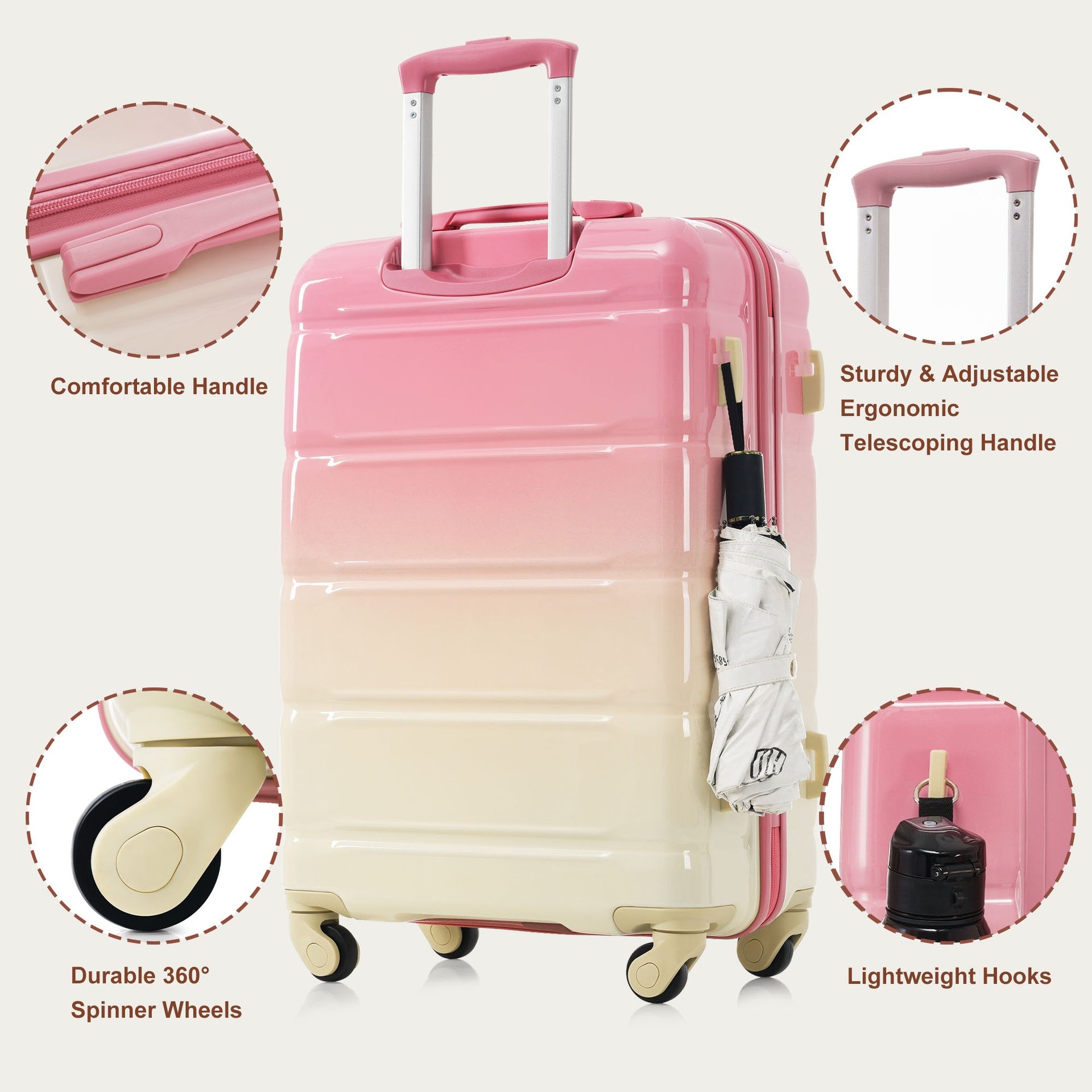 Luggage Sets 5 Piece, 20-inch with USB Port, ABS Durable Suitcase with Travel Bag, ABS+PC Hard Shell Luggage with Spinner Wheels, pink