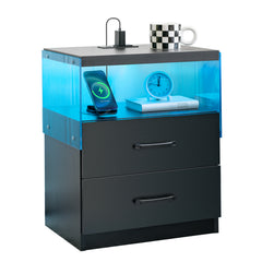 Nightstand with LED Lights, Adjustable Light Colors, Bedside Table, Side Table with 2 Drawers,Black