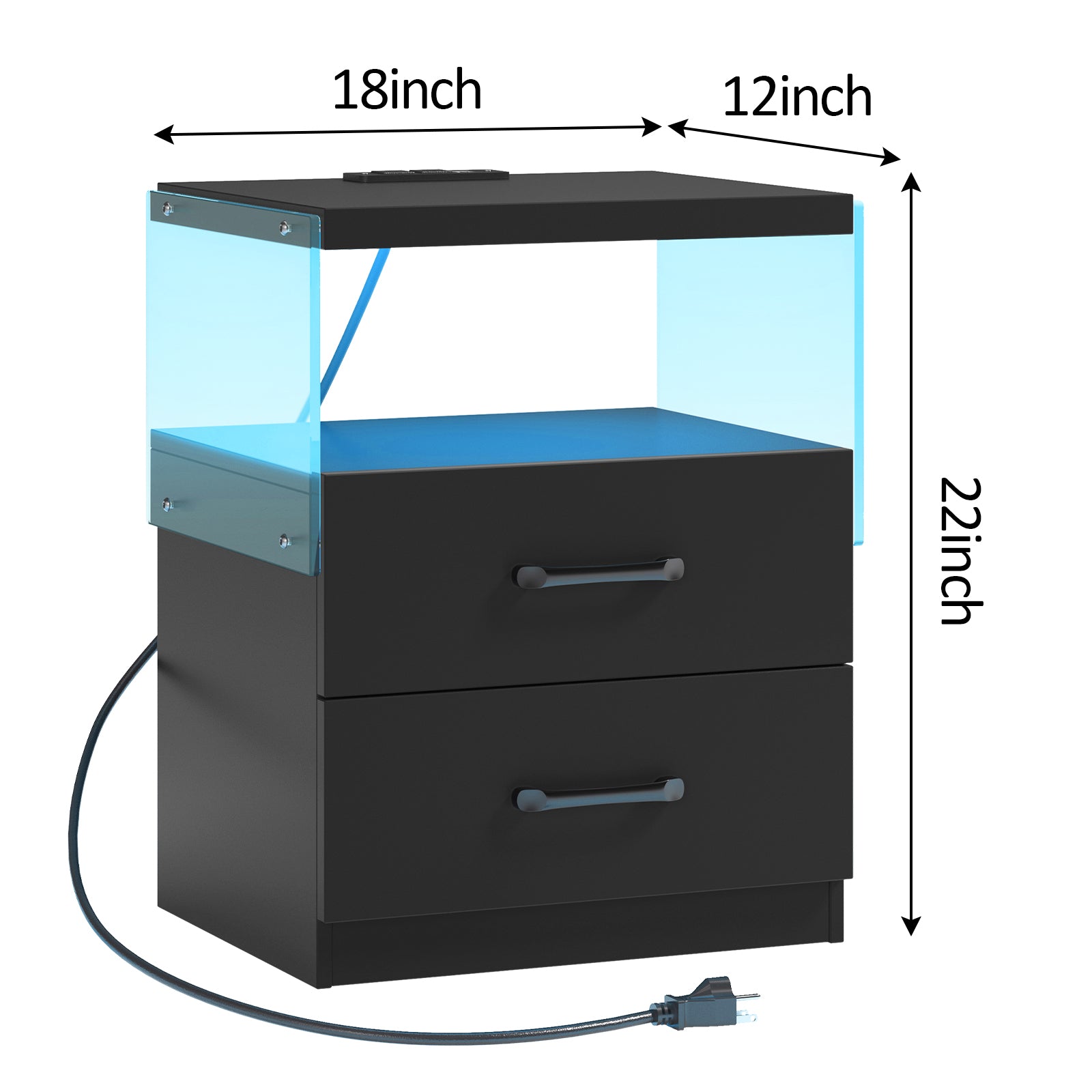 Nightstand with LED Lights, Adjustable Light Colors, Bedside Table, Side Table with 2 Drawers,Black