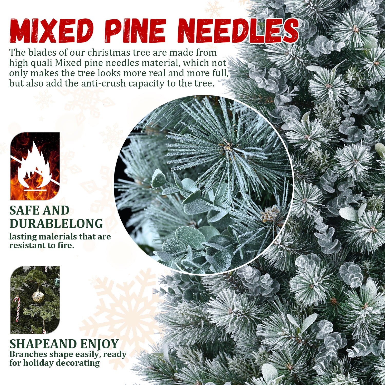 4FT Flocked Christmas Tree with Pine Needles & Eucalyptus Leaves, 404 Tips, Hinged Branches, Metal Stand – Snowy Artificial Tree for Holiday Home, Office, or Winter Decor