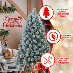 4FT Flocked Christmas Tree with Pine Needles & Eucalyptus Leaves, 404 Tips, Hinged Branches, Metal Stand – Snowy Artificial Tree for Holiday Home, Office, or Winter Decor