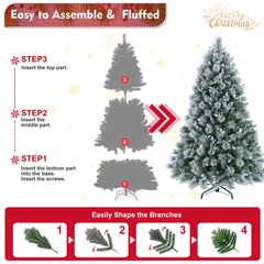 4FT Flocked Christmas Tree with Pine Needles & Eucalyptus Leaves, 404 Tips, Hinged Branches, Metal Stand – Snowy Artificial Tree for Holiday Home, Office, or Winter Decor