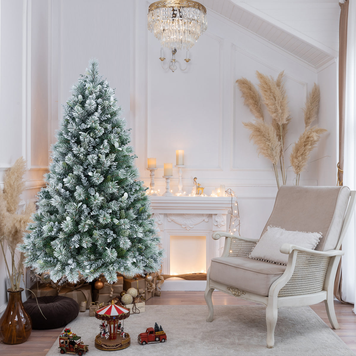 4FT Flocked Christmas Tree with Pine Needles & Eucalyptus Leaves, 404 Tips, Hinged Branches, Metal Stand – Snowy Artificial Tree for Holiday Home, Office, or Winter Decor