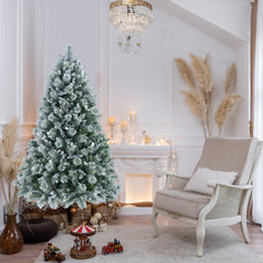 4FT Flocked Christmas Tree with Pine Needles & Eucalyptus Leaves, 404 Tips, Hinged Branches, Metal Stand – Snowy Artificial Tree for Holiday Home, Office, or Winter Decor