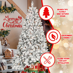 4.5FT Flocked Christmas Tree with 250 UL Lights and 24 Natural Pine Cones – Snowy PVC Tips, 498 Tips, Hinged Structure, Stable Metal Stand, Easy Setup