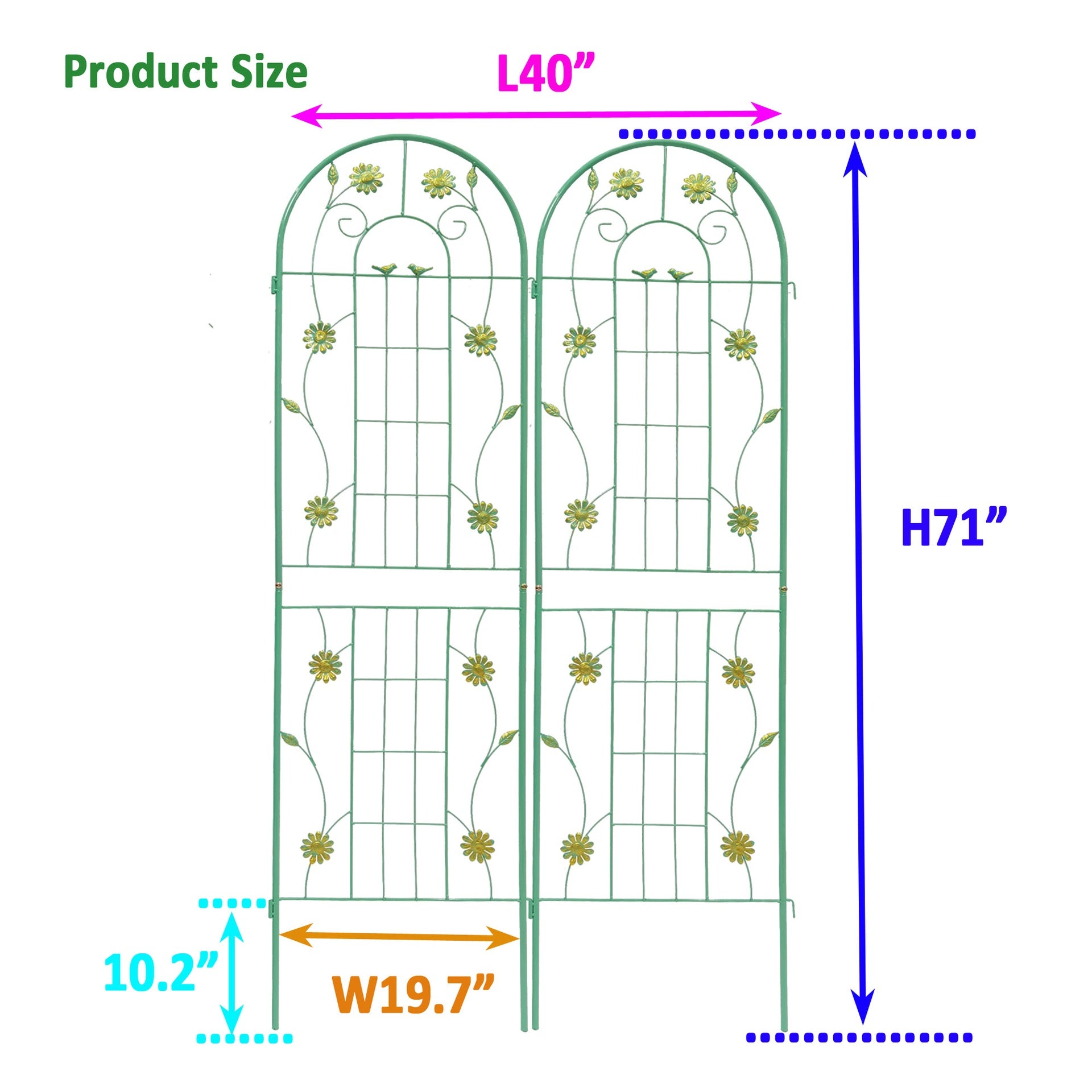 2 Pack Metal Garden Trellis 71" x 19.7" Rustproof Trellis for Climbing Plants Outdoor Flower Support Green