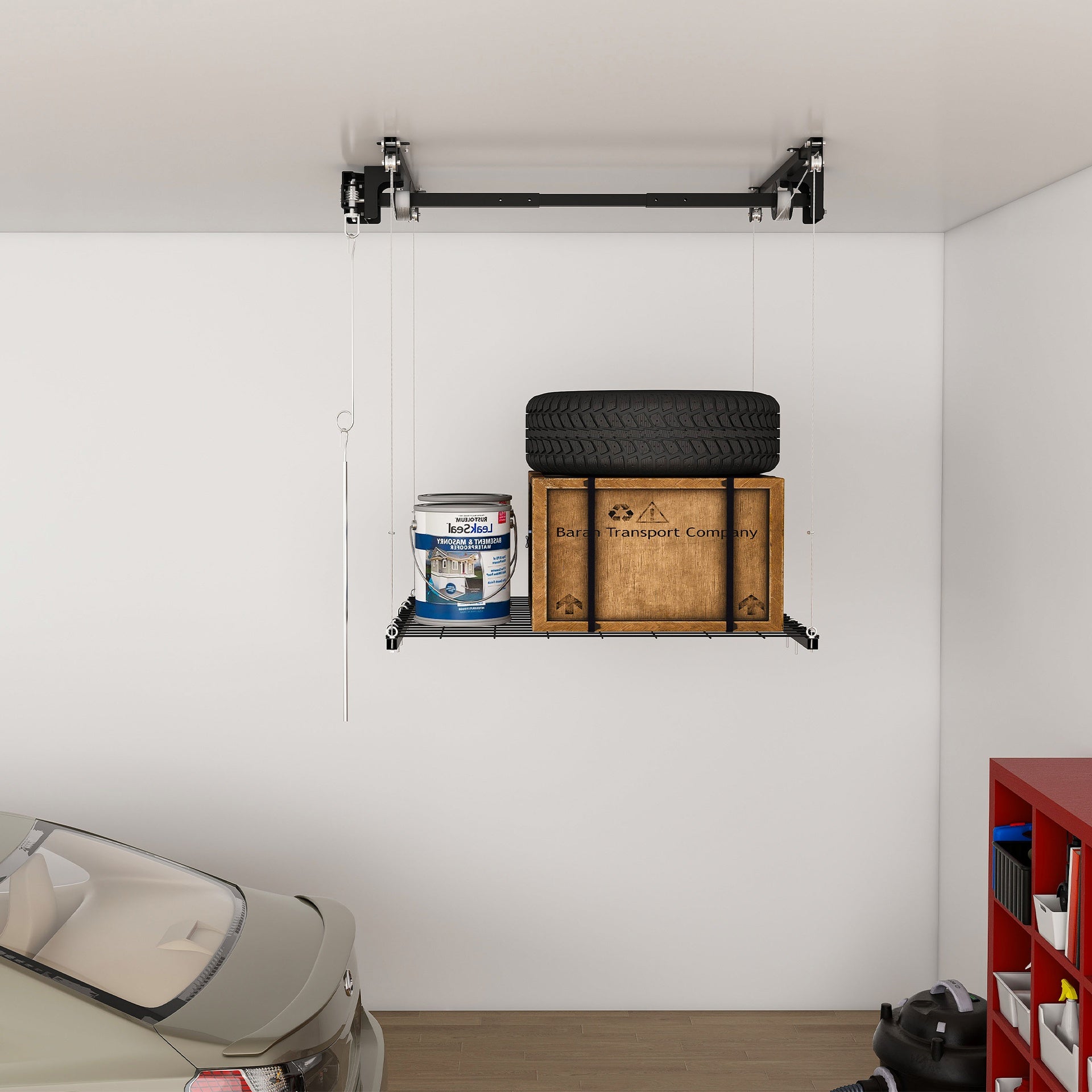 Overhead Garage Storage Rack 4x4 FT for High Ceilings 10-12 FT, 250LBS Capacity All-Steel Construction with Safety Lock (Installation Required, Heavy-Duty Garage Organizer)