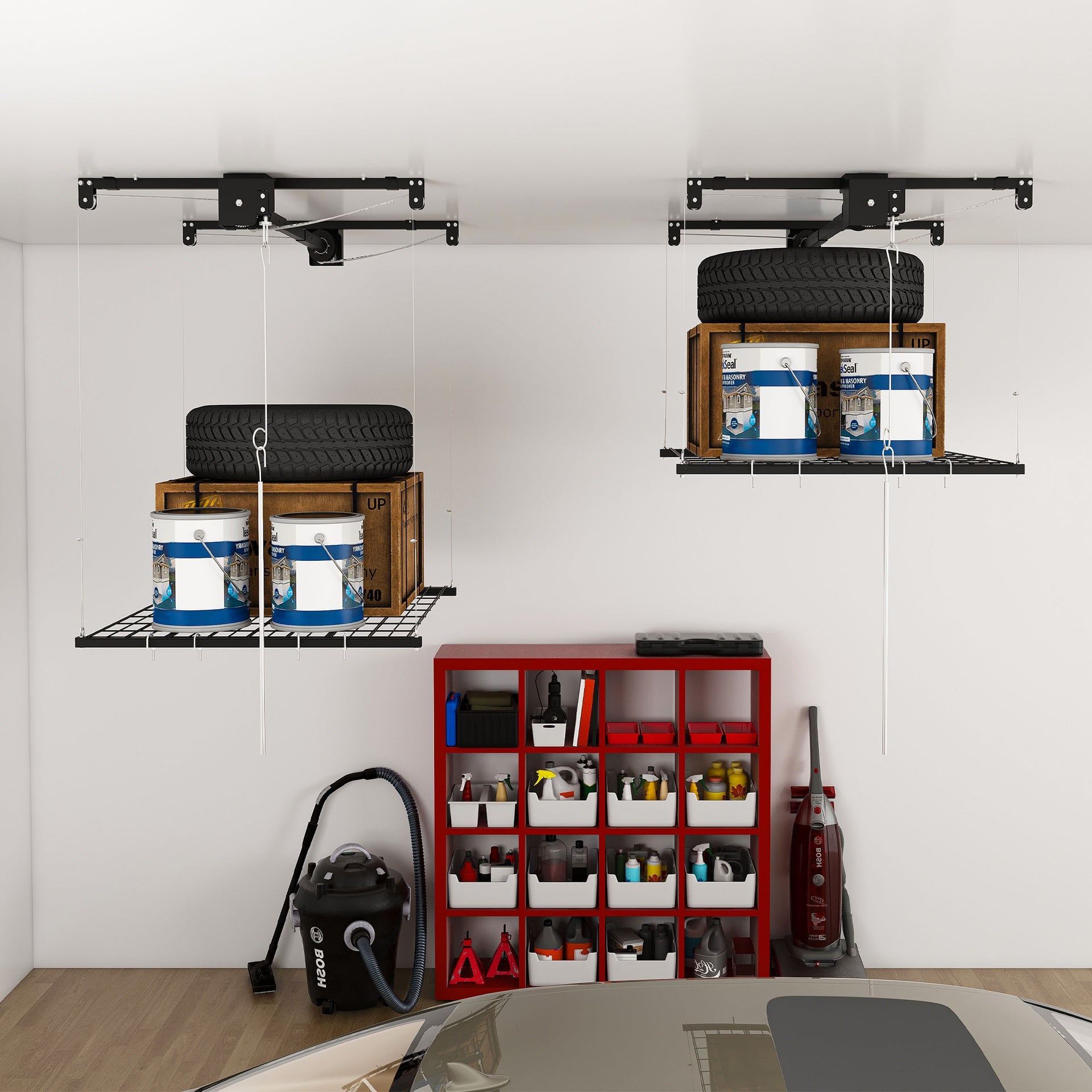 Overhead Garage Storage Rack 4x4 FT for High Ceilings 10-12 FT, 250LBS Capacity All-Steel Construction with Safety Lock (Installation Required, Heavy-Duty Garage Organizer)