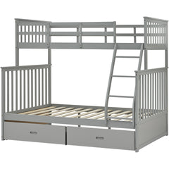 Twin Over Full Bunk Bed with Storage Drawers, Wooden Bunk Bed with Ladder and Safety Guard Rails –Gray
