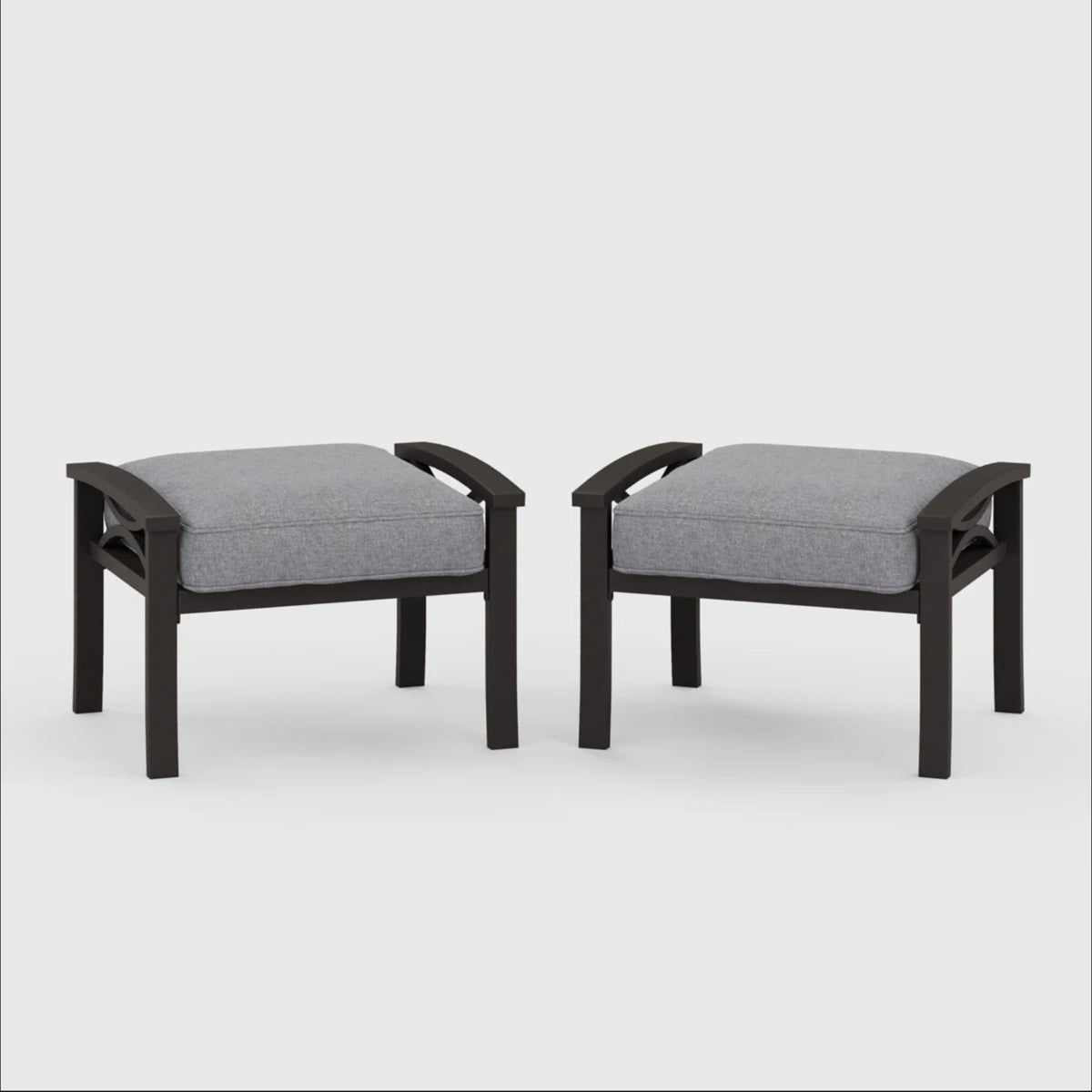 Set of 2 All-Weather 26” Width Metal Ottomans, Khaki Frame with Gray Cushions