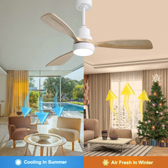 48 Inch Indoor Ceiling Fan With Light 3 Solid Wood Blades Remote Control Reversible DC Motor For Living Room