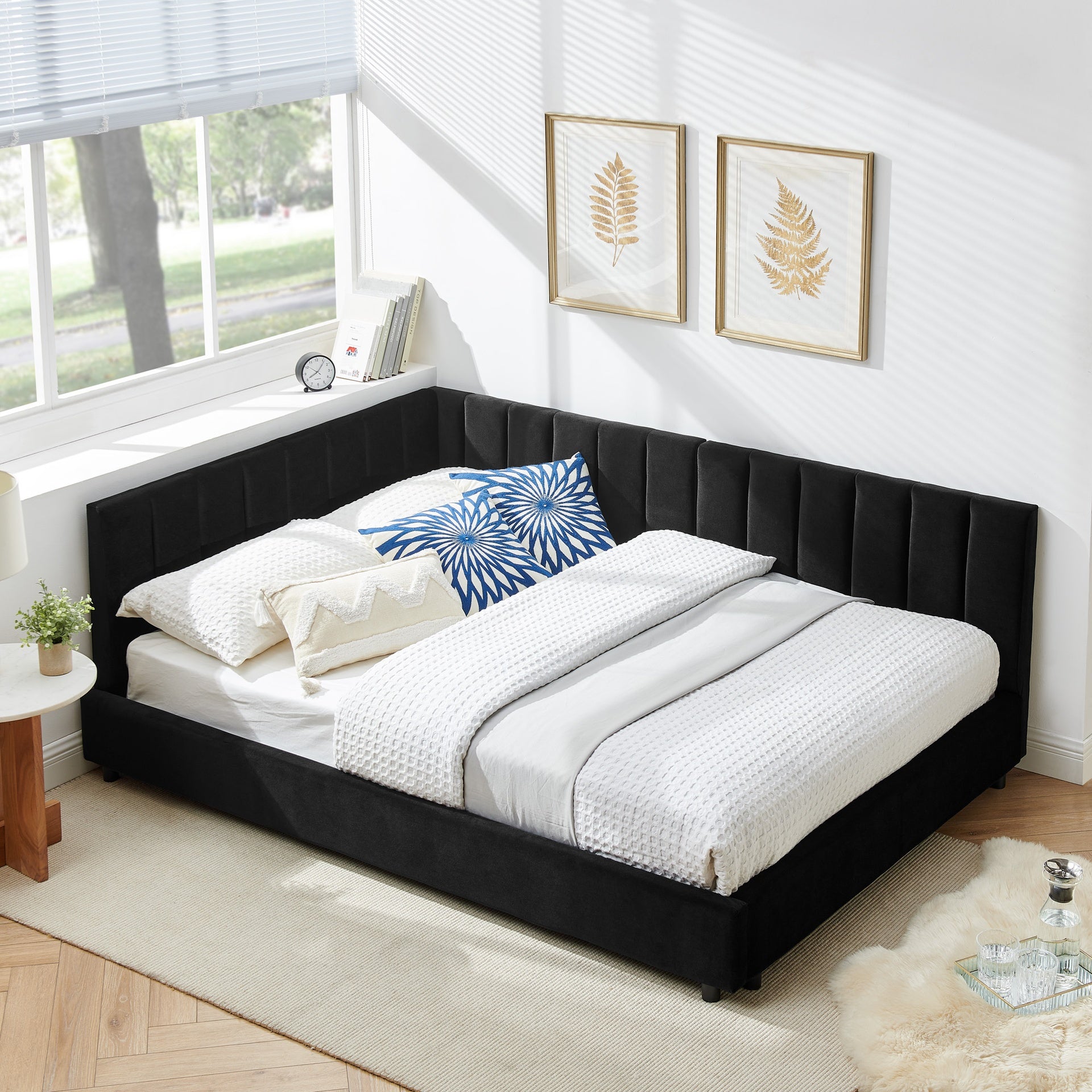Full Size Upholstered Tufted Bed Frame, Sofa Bed Frame with Comfortable Backrest and Armrests, Full Size Bed for Bedroom, Living Room,Velvet-Black(81''*60''*29.5'')