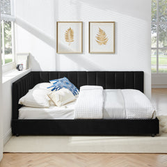 Full Size Upholstered Tufted Bed Frame, Sofa Bed Frame with Comfortable Backrest and Armrests, Full Size Bed for Bedroom, Living Room,Velvet-Black(81''*60''*29.5'')