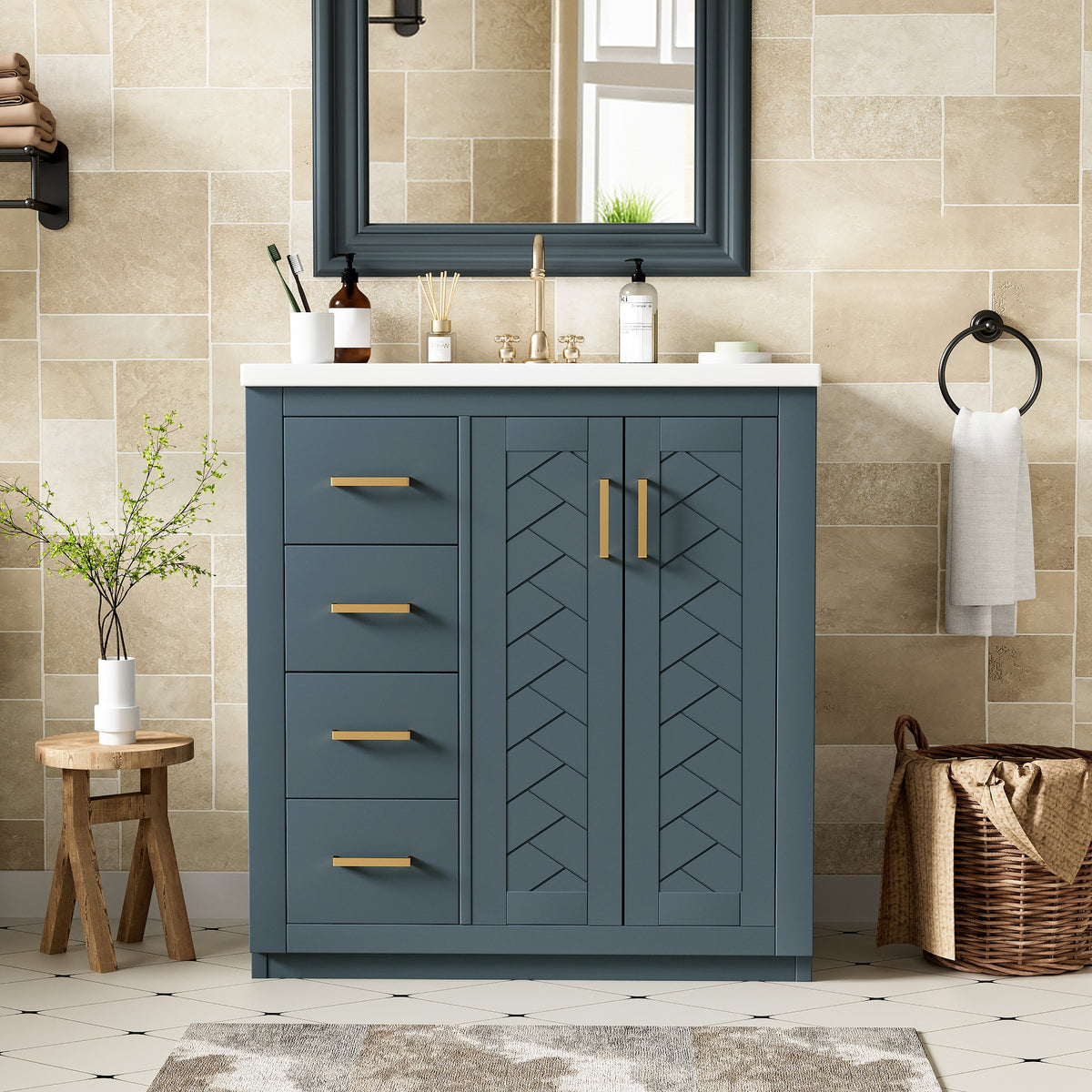 30'' Bathroom Vanity with Ceramic Sink Combo,Solid Wood Frame Bathroom Storage Cabinet, Freestanding Vanity Set with 3 Drawers& Soft Closing Doors